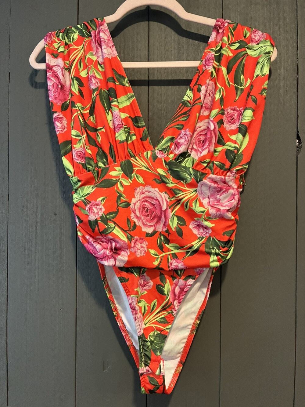 Zara Women's M Bodysuit Red Pink Rose Floral Plunge V Neck